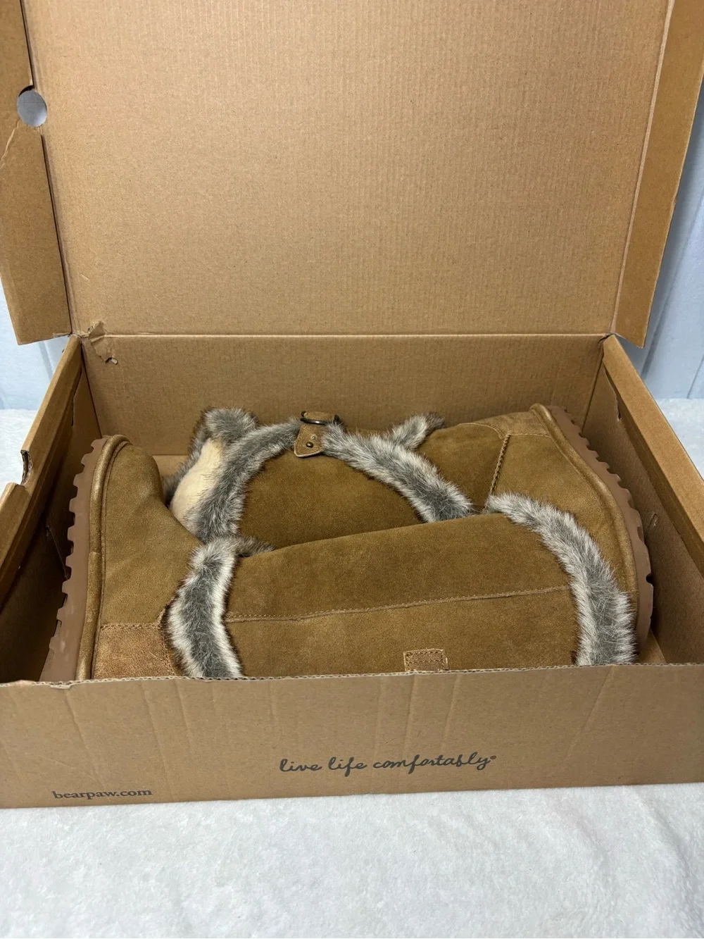 BearPaw Chestnut Suede Faux Fur Trim‎ Tall Boots Size 5